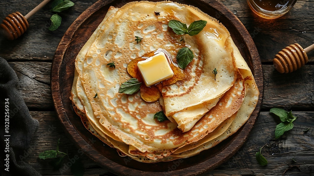Aufkleber Thin crepes or pancakes with butter honey and sour cream on a rustic textile background Top view : Generative AI
