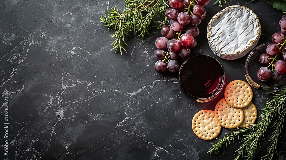 Poster Caciocavallo cheese with grapes crackers and red wine Dark background Top view : Generative AI