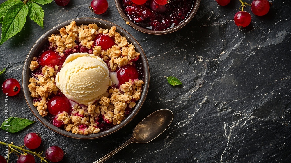 Poster cherry red berry crumble with ice cream in bowls grey stone background top view : generative ai