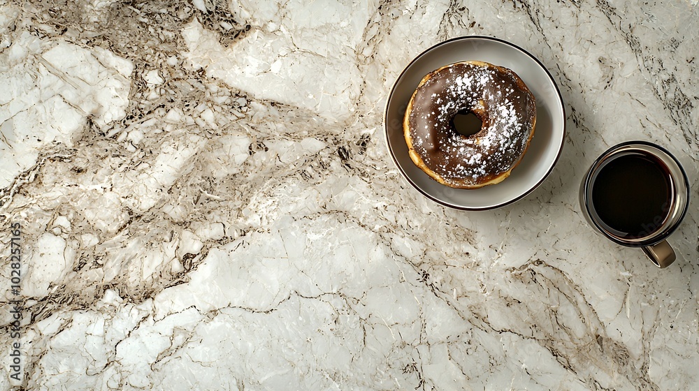 Aufkleber coffee with chocolate donut in marble table background top view : generative ai