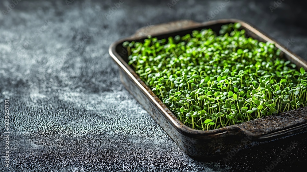 Poster wheat sprouts in container micro herbs salad super food white and grey background copy space : gener