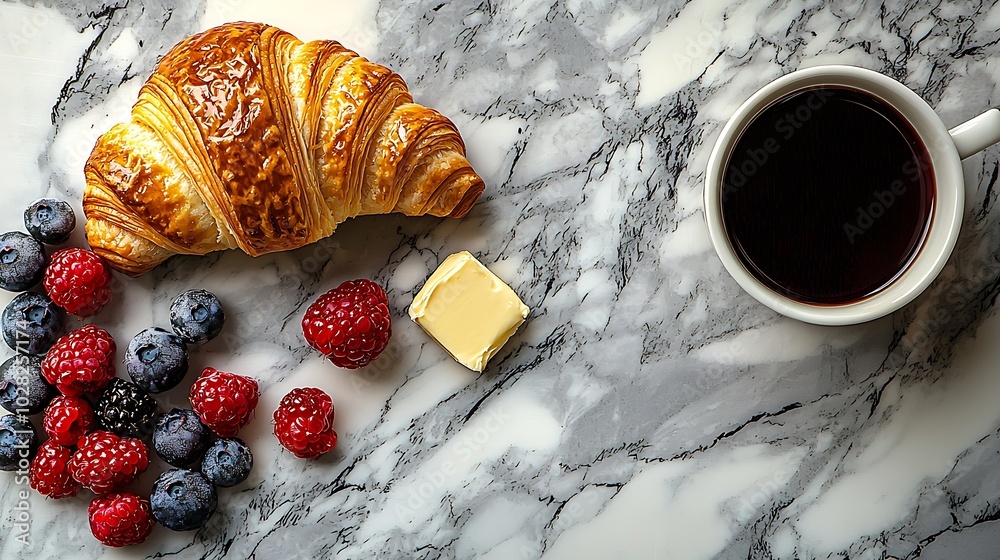 Poster croissant with fresh berries chocolate spread and butter with cup of coffee on a marble texture back
