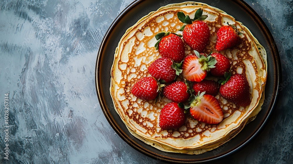 Poster crepes thin pancakes with cream cheese ricotta and fresh strawberries marble background top view cop