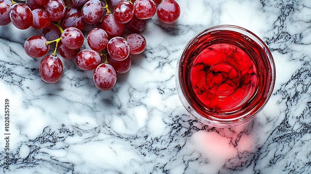 Poster Red wine in glass with fresh grape on marble table background Top view : Generative AI