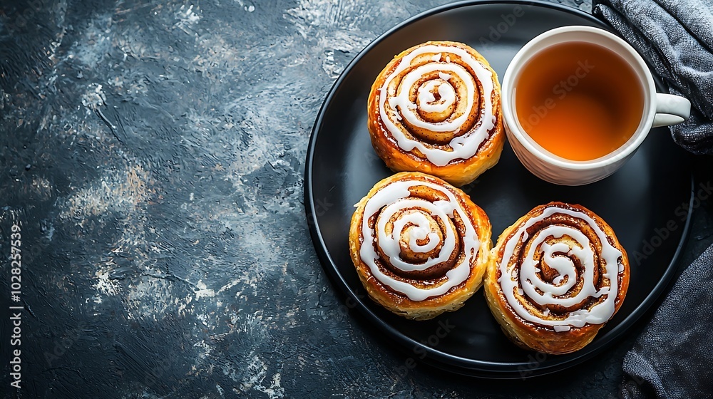 Poster cinnamon rolls buns cinnabons on black plate with cup of tea dark background copy space top view : g