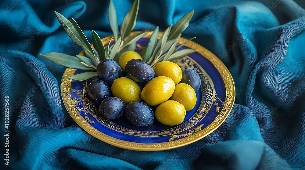 Poster assortment of fresh olives on a plate with olive tree brunches blue textile background top view : ge