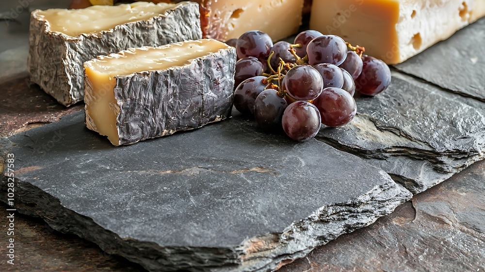 Aufkleber Assorted cheese with grape on a stone and slate background Copy space : Generative AI
