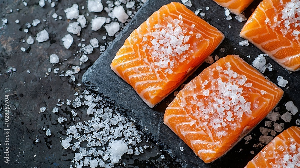 Poster Salmon fillet with sea salt on slate dark background Copy space Top view : Generative AI