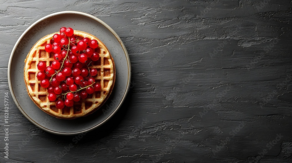 Poster belgian waffles with fresh red currant berries grey dark background top view : generative ai
