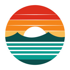 Sunset over ocean waves on retro vintage style background. Vector t-shirt design