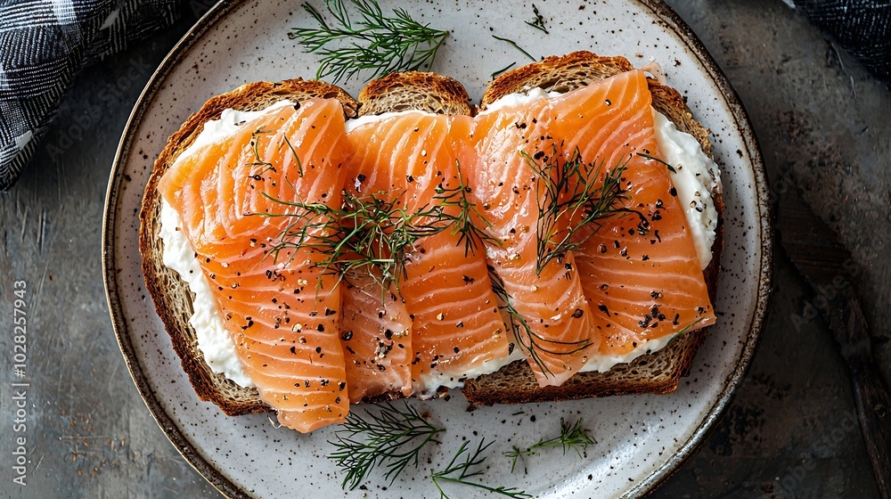 Poster sandwich toast with smoked salmon and cream cheese on white plate with scottish flag grey background