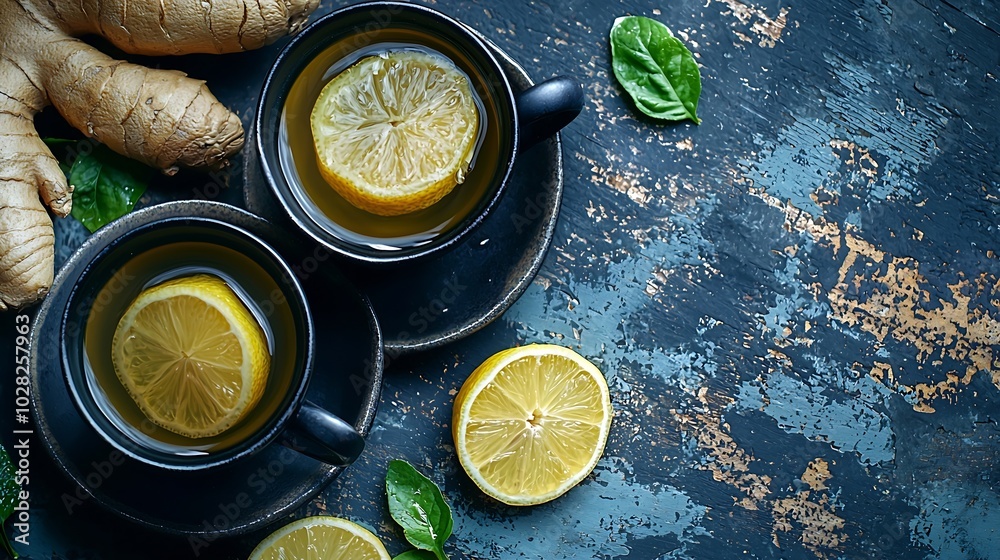 Poster ginger lemon honey tea in black cups tea pot with fresh slices roots dark background top view : gene