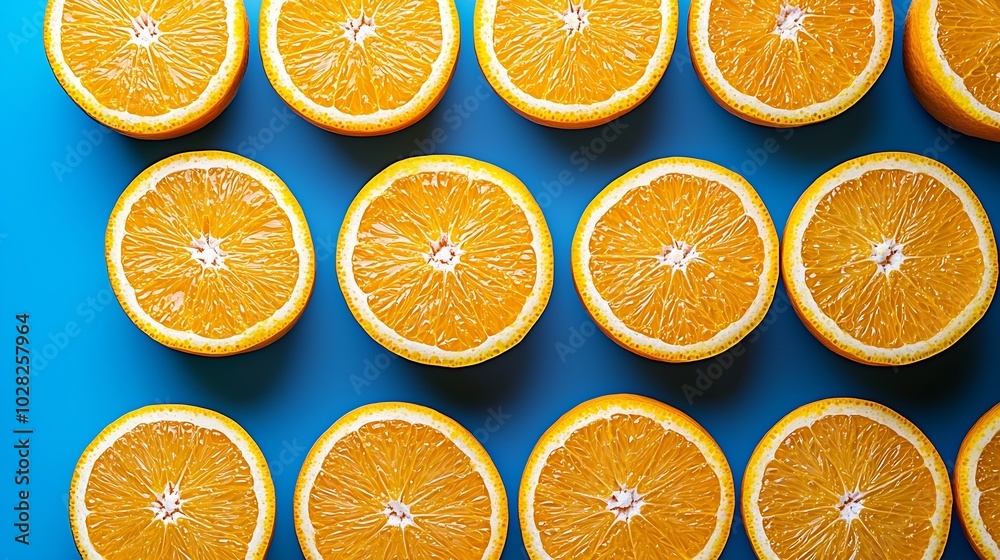 Poster Fresh oranges on blue background Top view Copy space : Generative AI