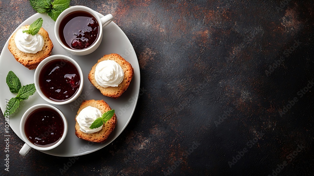 Aufkleber scones tea cakes with jam clotted cream with tea traditional british teatime grey background copy sp
