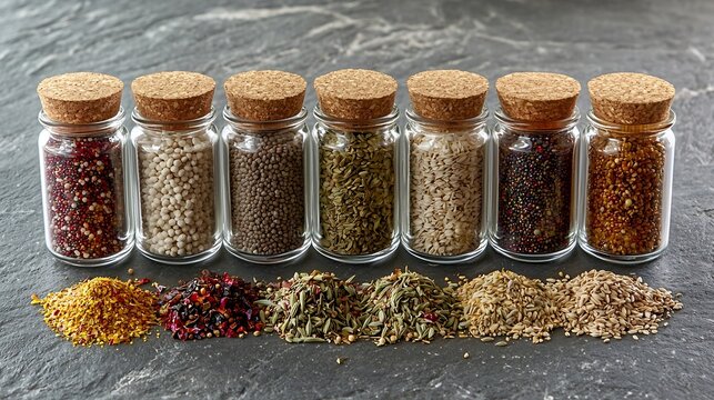 Assortments of spices white pepper chili flakes lemongrass coriander and cumin seeds in jars on grey stone background : Generative AI