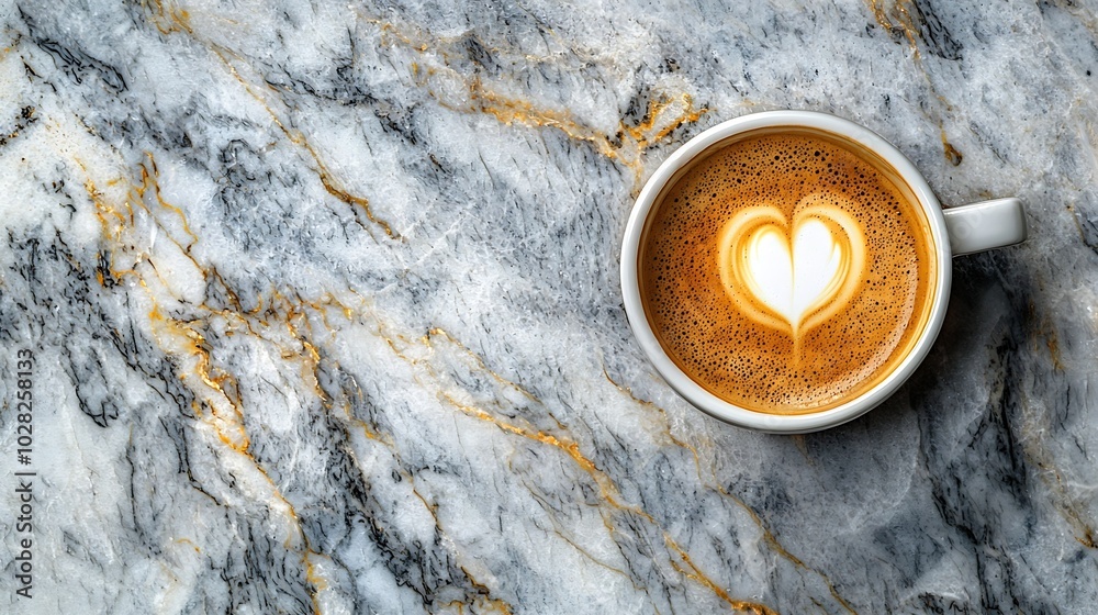 Poster Coffee espresso in white cup of marble table background Copy space Top view : Generative AI