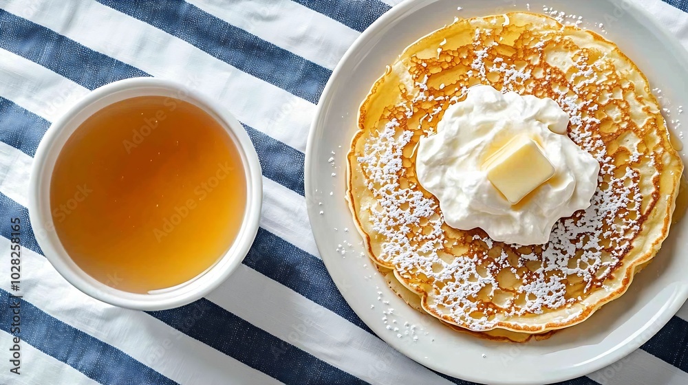 Poster thin crepes or pancakes with butter honey and sour cream on a striped textile navy blue and white ba