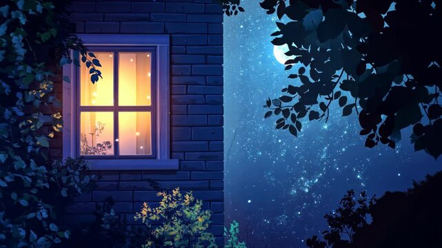 A single window glows with warm light against a dark brick wall on a starry night