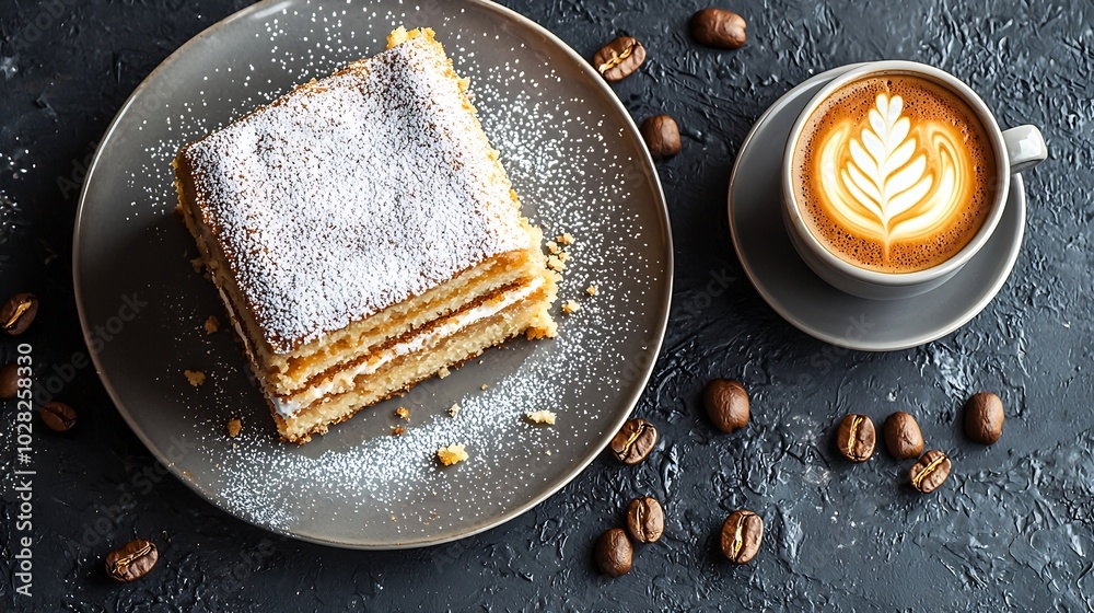 Aufkleber traditional hungarian esterhazy cake torte with cup of coffee grey background top view : generative 