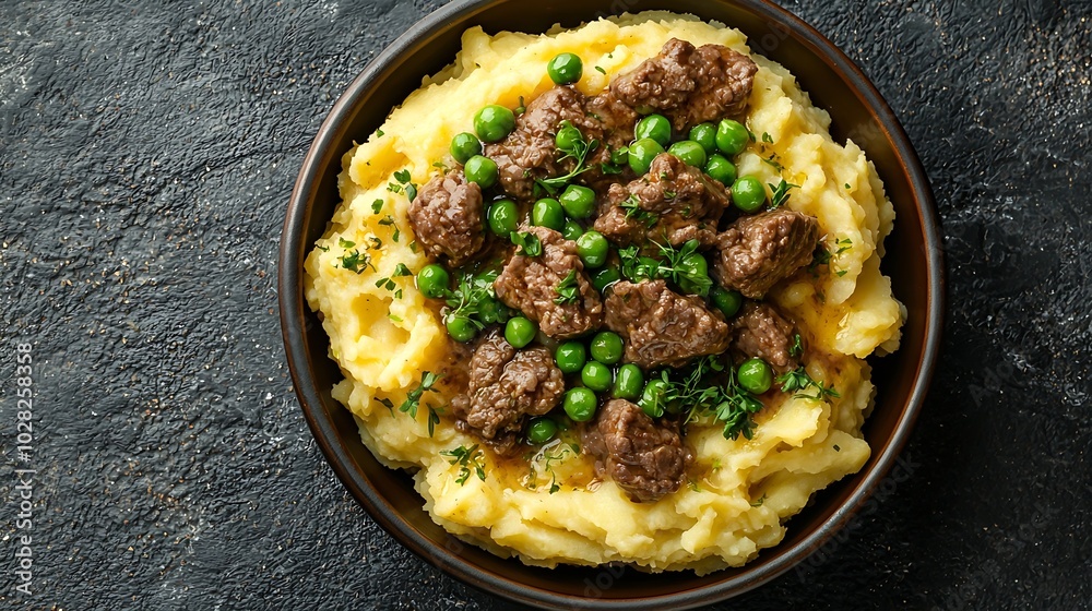 Poster mashed potatoes with beef meat and green peas in bowl grey background copy space top view : generati