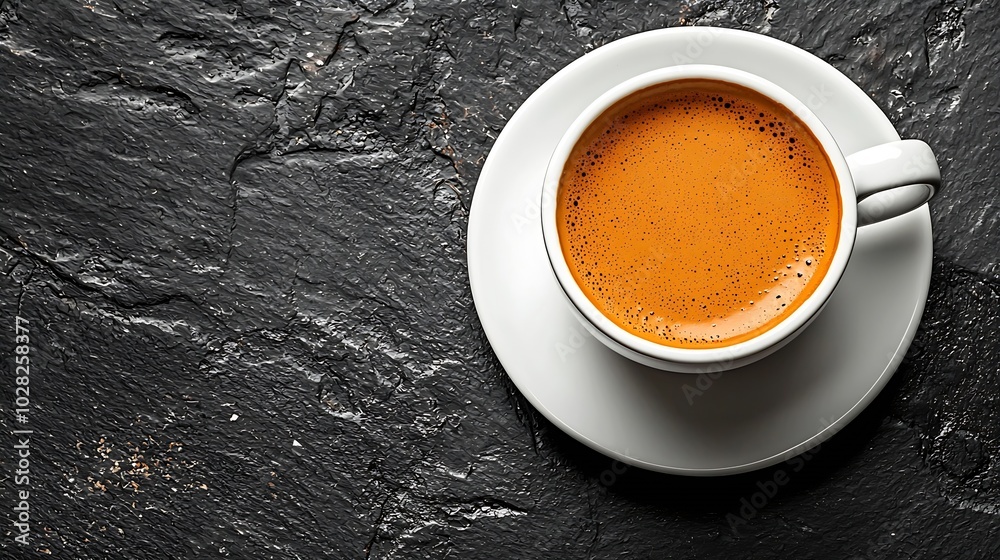 Poster coffee espresso in white cup on black slate background top view : generative ai