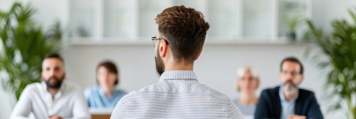 Young professional facing a panel of interviewers in a modern office setting, showcasing a job interview scenario with focus on career growth.