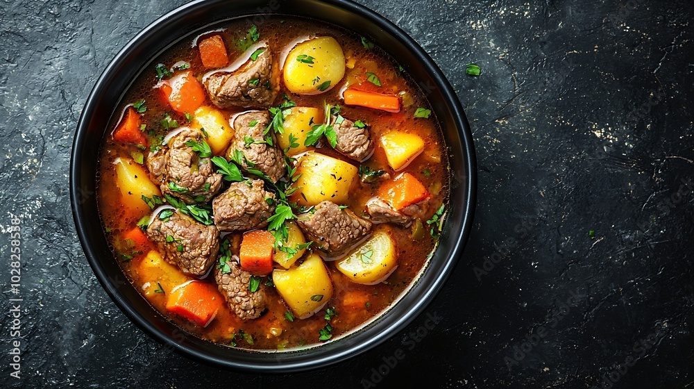 Poster beef meat and vegetables stew in black bowl slate background top view : generative ai