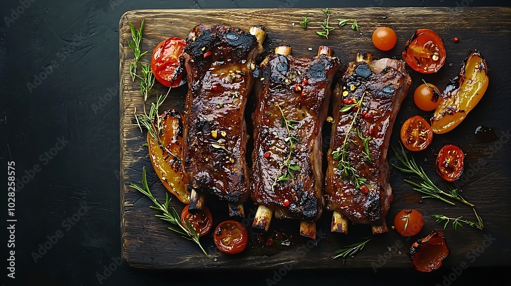 Poster Lamb ribs grilled on cutting board with roasted vegetables Black background Top view Copy space : Generative AI
