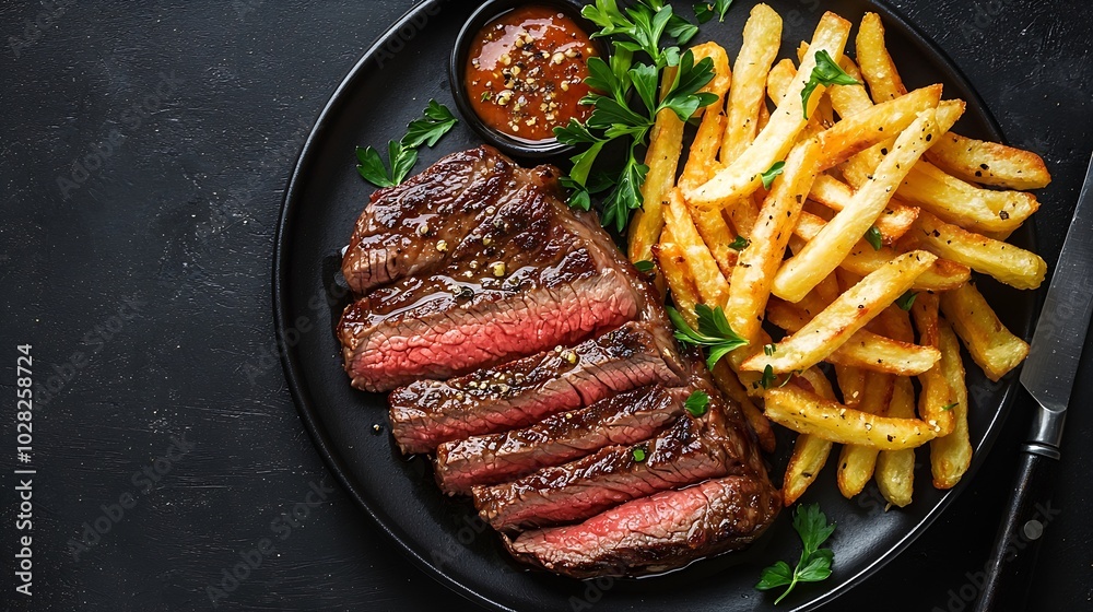 Aufkleber beef steak medium rare with french fries on a black plate grey background close up top view : genera
