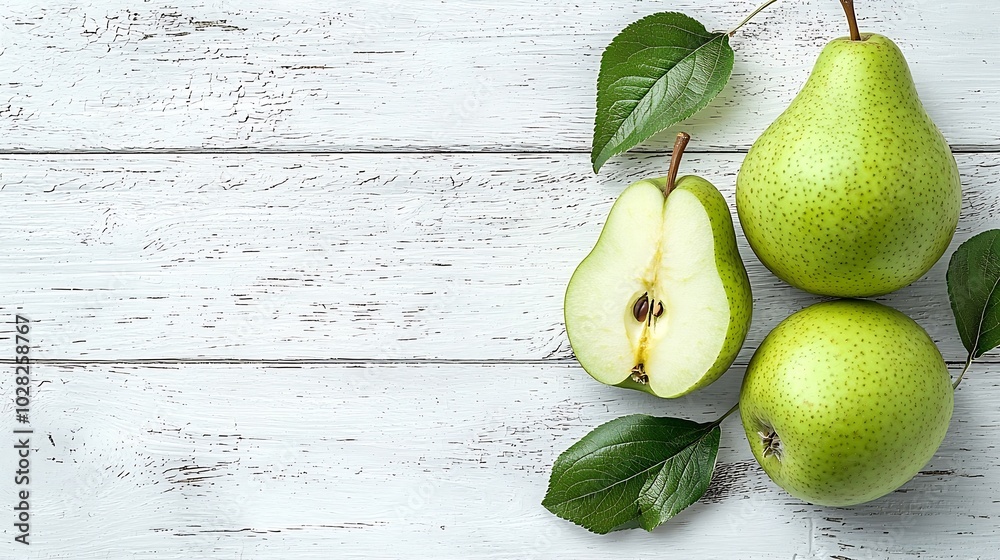 Poster green apples and pear on a white wooden background copy space : generative ai