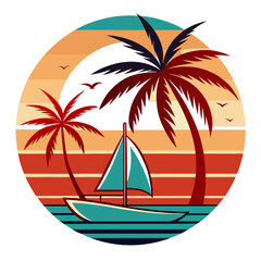 Obraz premium Tropical Island with Sailboat on Retro Vintage Background Vector t-shirt design 