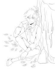 Anime boy is resting under the tree