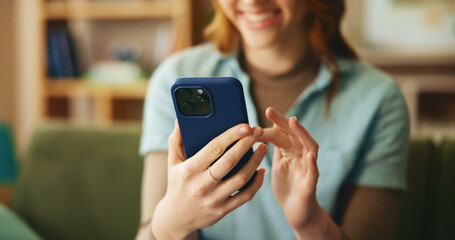 Hands, woman and smile with phone at house for loan approval, communication and bank application....