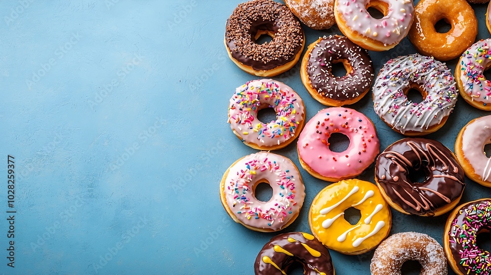Poster assortment of donuts on blue background copy space top view : generative ai
