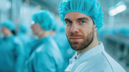 Portrait of a focused healthcare professional in a sterile laboratory environment, wearing a blue cap and uniform, conveying precision and expertise.