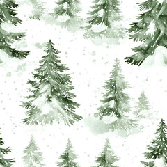 Obraz premium Minimalist watercolor fir trees with snow, soft green and white tones, airy composition, seamless repeat