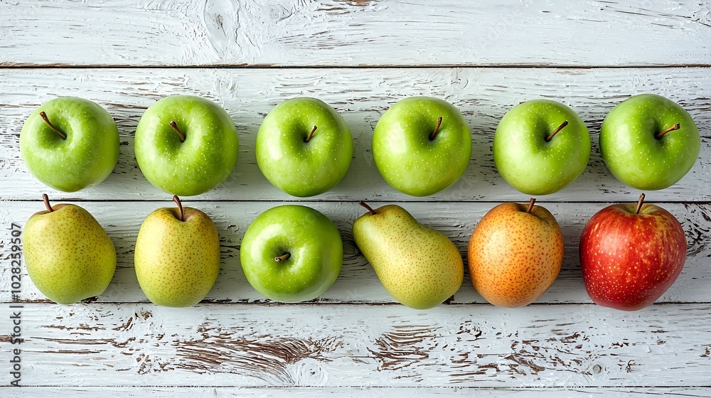 Poster green apples and pear on a white wooden background copy space : generative ai