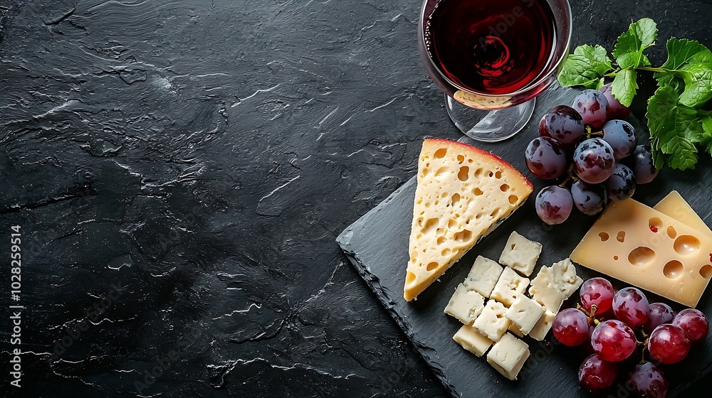 Poster cheese assortment on slate cutting board with red wine grey background top view : generative ai