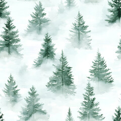 Obraz premium Minimalist watercolor fir trees with snow, soft green and white tones, airy composition, seamless repeat