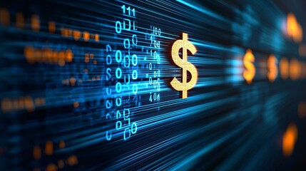 Dynamic digital abstract background featuring glowing dollar signs amidst flowing binary data, symbolizing finance and technology.