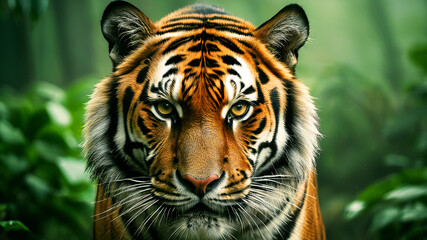 Fototapeta premium Tiger Stalking Through Dense Jungle Foliage. Image captures the intensity of a Bengal tiger amidst a jungle setting, making it perfect for projects related wildlife, nature, and conservation efforts.