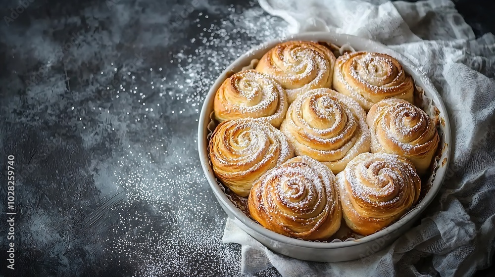 Aufkleber cinnamon buns cinnabons in baking dish grey background close up top view : generative ai