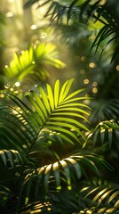 Fototapeta premium Sunlight Through Tropical Leaves: A Lush Green Paradise