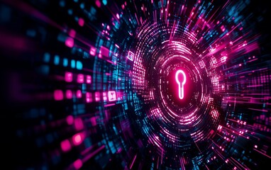 Fototapeta premium Vibrant digital lock symbol with colorful data streams, representing cybersecurity and data protection in a futuristic design.