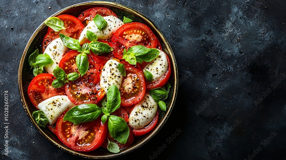 Poster Caprese salad with tomatoes mozzarella cheese basil Dark background Copy space Top view : Generative AI
