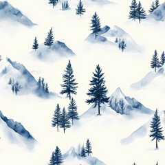 Fototapeta premium Minimalist watercolor snow-covered mountains and pine trees, soft blue and white tones, on a light background, seamless pattern