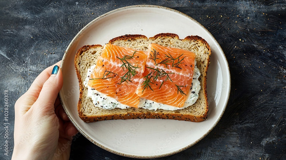 Poster sandwich toast with smoked salmon and cream cheese on white plate with scottish flag grey background