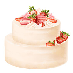 A festive two-tiered cake decorated with cream flowers, macaroon and fresh strawberries. Pastry dessert with whipped cream for birthday, home parties. A sweet berry gift. Digital isolated illustration