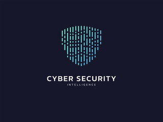 Cyber security intelligence data protection shield with digital transformation lines vector logo design concept. Abstract shield security icon logotype symbol for ID protection, privacy, verify, ui.