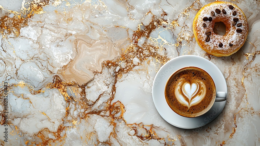 Poster coffee espresso with donut marble background close up top view : generative ai